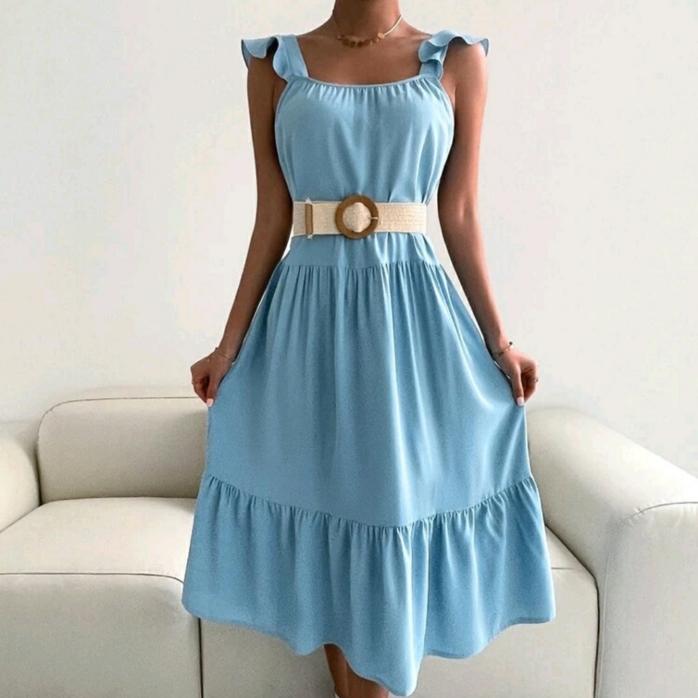 💙NWT Solid Sky Blue Ruffle Trim Midi Dress